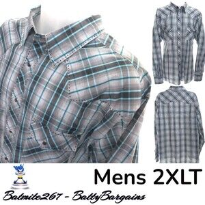 Wrangler Western Shirt Mens 2XL Tall Gray Plaid Pearl Snap L/S Cowboy FREE SHIP